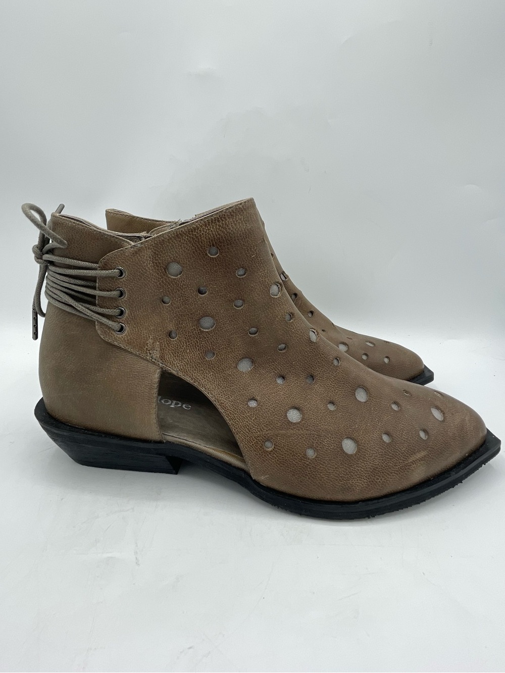 Antelope Keena Taupe Perforated Suede Ankle Booties with Back Lace Detail